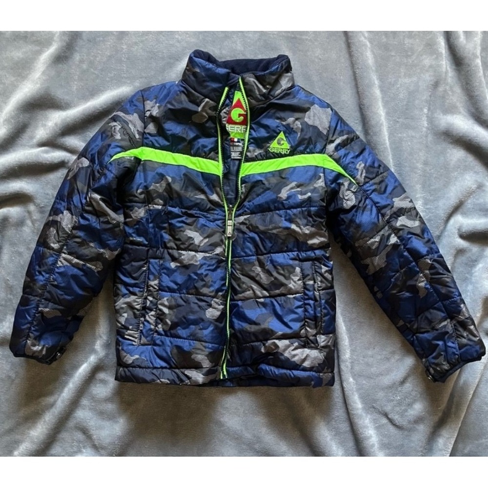 Gerry Boys Blue Camo Puffer Jacket Neon Green Stripe Size M 10/12 Quilted Coat